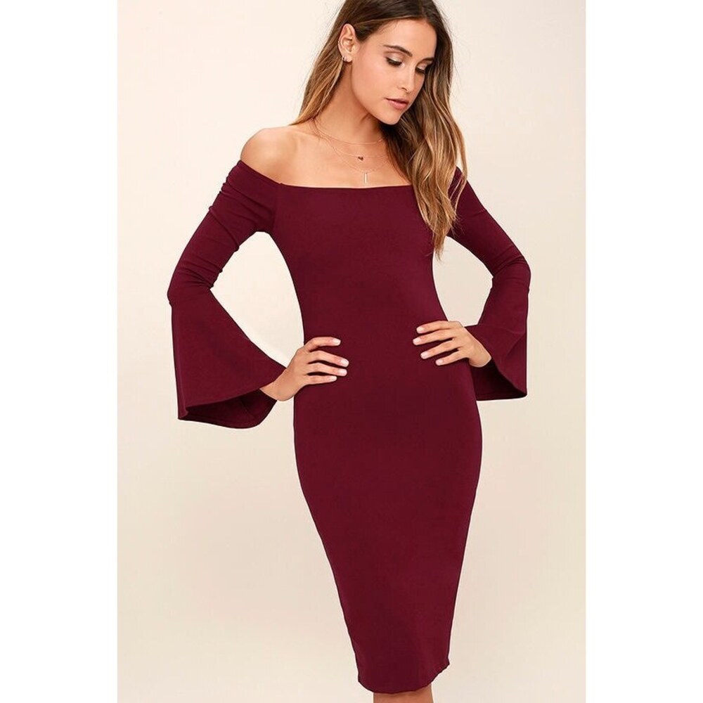 Lulus All She Wants Burgundy Off-the-shoulder Midi Dress Red - Size Small
